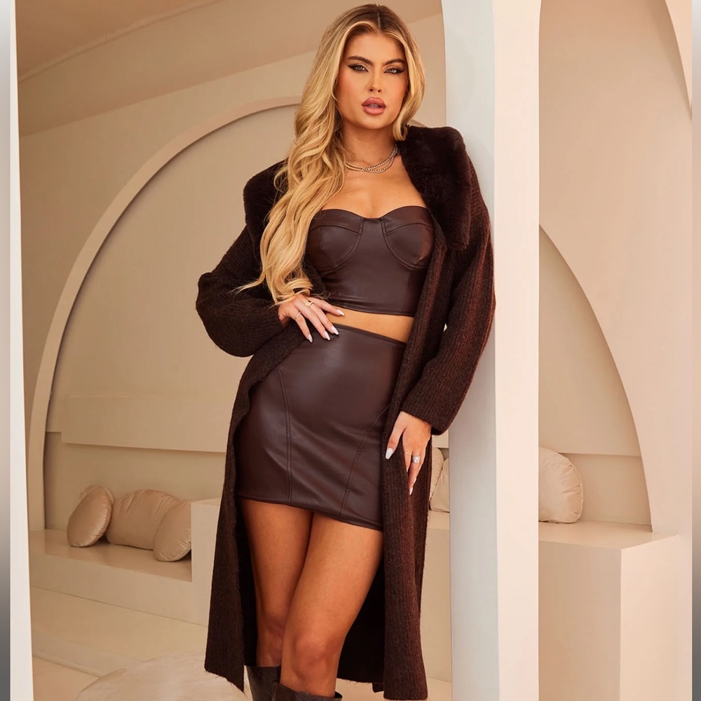 NWT fashion nova faux leather skirt set brown size medium